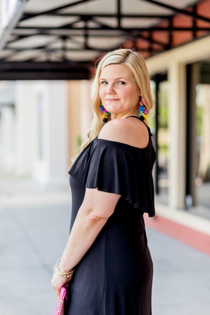 Black dress shop light pink shoes